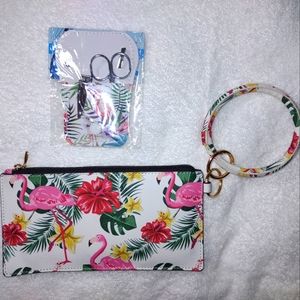 Vinyl zip-waller, sache' wristlet with 4 piece fingernail manicure set, 2 piece